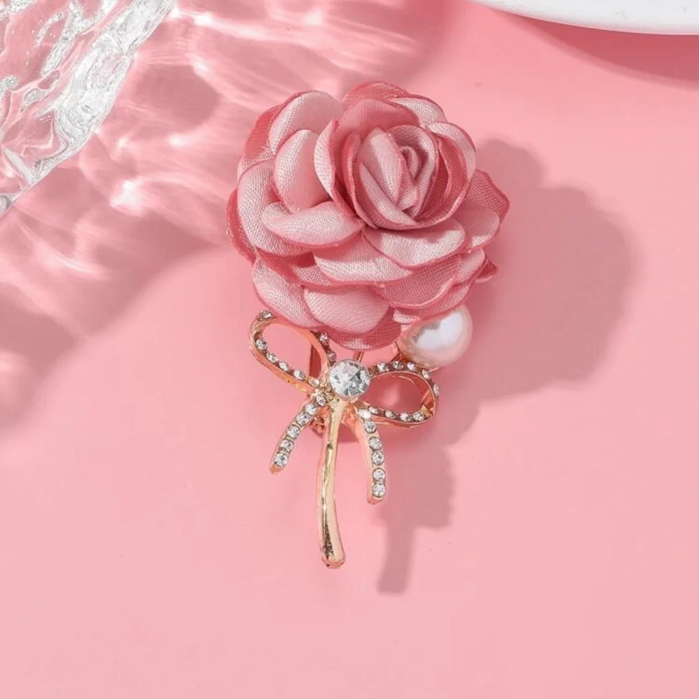 Pink Rose Brooch w/ Gold Bow and Pearl Accent, Fabric Rose Brooch, Flower Brooch